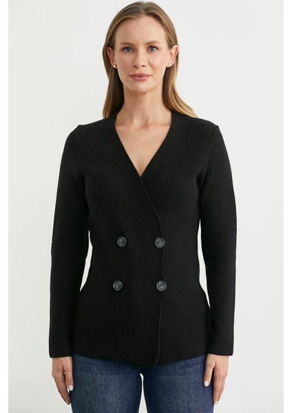 Maskülen Kruvaze Triko Ceket - Siyah fiyatları