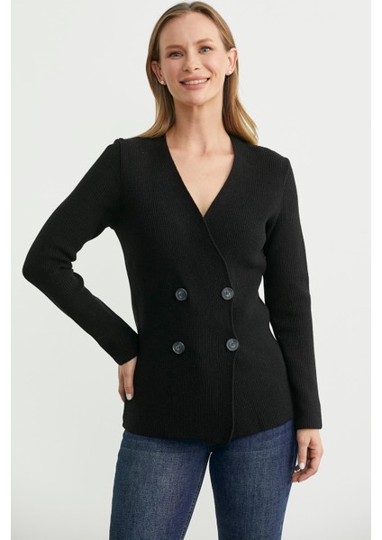 Maskülen Kruvaze Triko Ceket - Siyah fırsatları