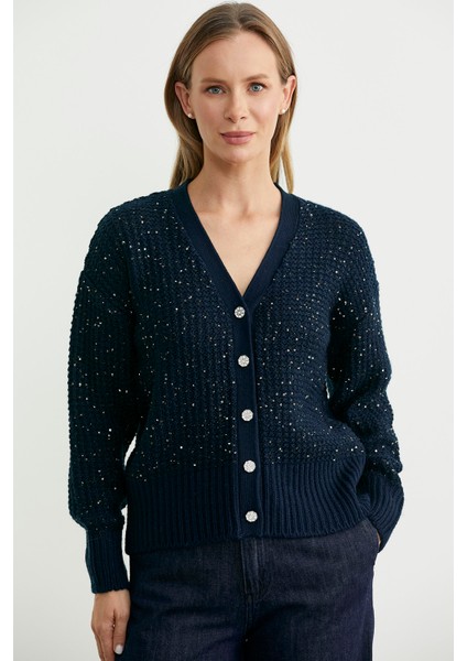 Payet Detaylı Yünlü Triko Hırka - Lacivert