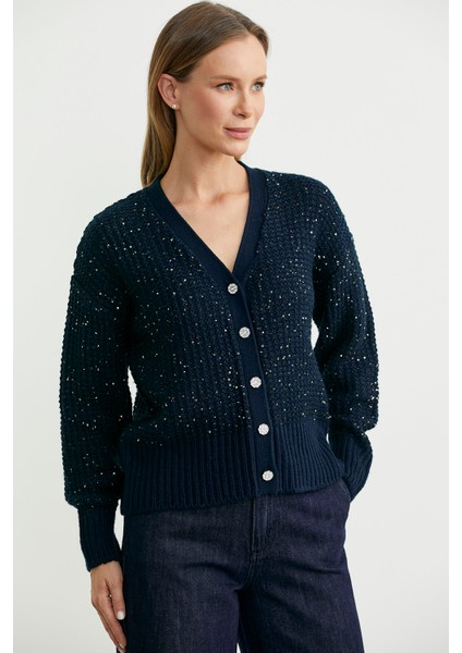 Payet Detaylı Yünlü Triko Hırka - Lacivert fiyatları