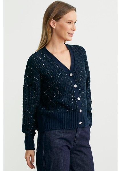 Payet Detaylı Yünlü Triko Hırka - Lacivert modelleri