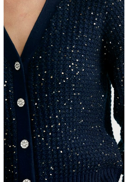 Payet Detaylı Yünlü Triko Hırka - Lacivert fırsatları