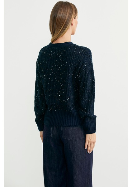 Payet Detaylı Yünlü Triko Hırka - Lacivert indirimleri