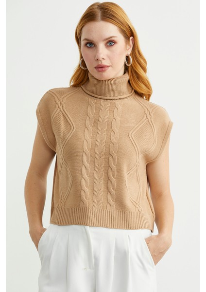Tam Balıkçı Crop Triko Süveter - Kamel