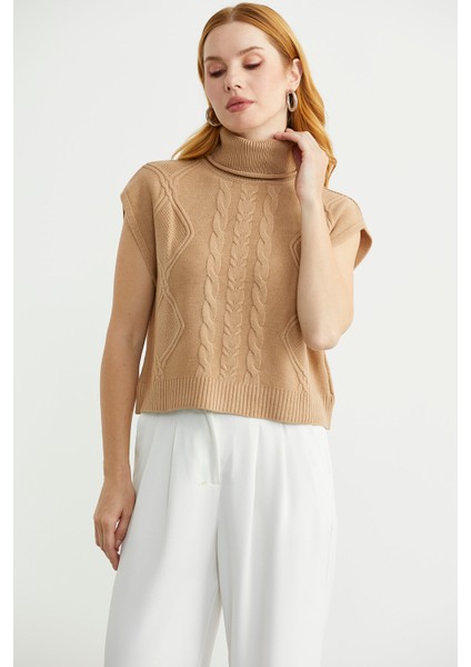 Tam Balıkçı Crop Triko Süveter - Kamel indirimleri