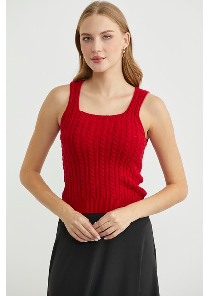 Saç Örgü Kare Yaka Triko Atlet - Kırmızı fiyatları