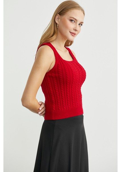 Saç Örgü Kare Yaka Triko Atlet - Kırmızı fırsatları