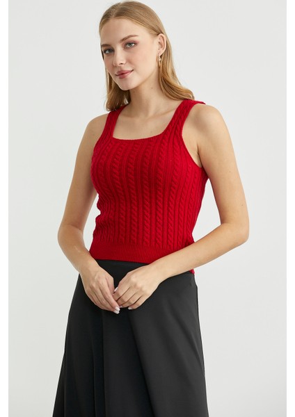 Saç Örgü Kare Yaka Triko Atlet - Kırmızı indirimleri