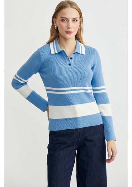 Polo Yaka Fitilli Triko Kazak - Mavi