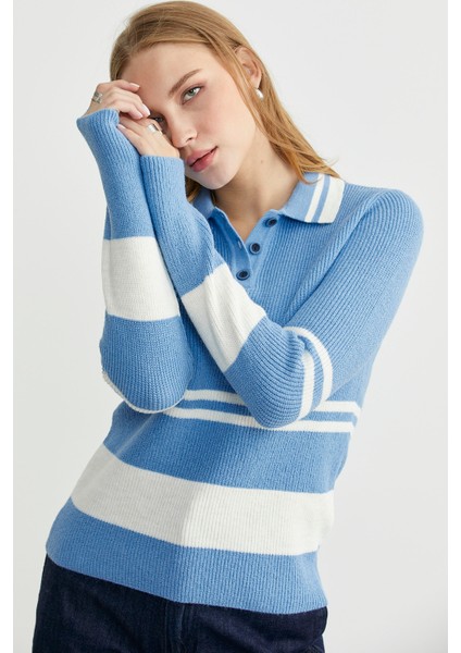 Polo Yaka Fitilli Triko Kazak - Mavi fiyatları