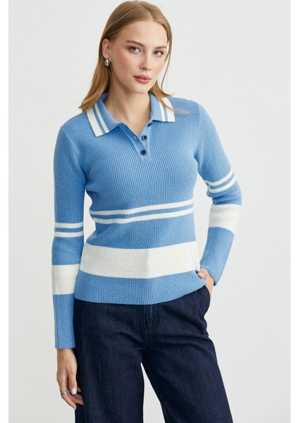 Polo Yaka Fitilli Triko Kazak - Mavi modelleri