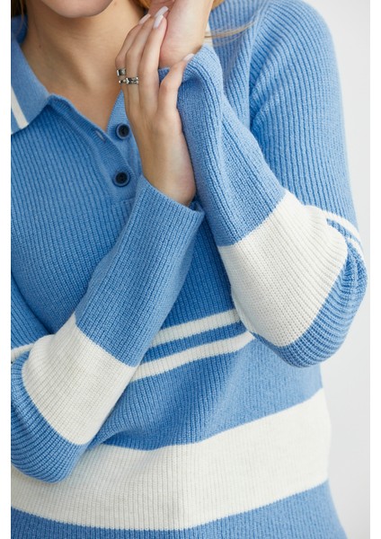 Polo Yaka Fitilli Triko Kazak - Mavi fırsatları