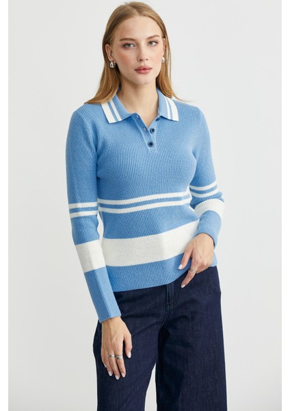 Polo Yaka Fitilli Triko Kazak - Mavi indirimleri