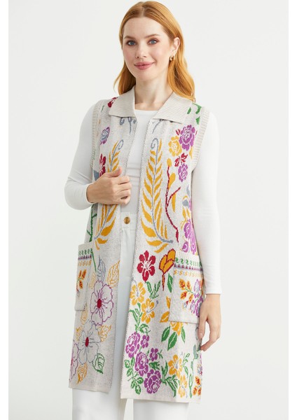 Renkli Çiçek Motifli Yünlü Uzun Triko Yelek - Bej modelleri