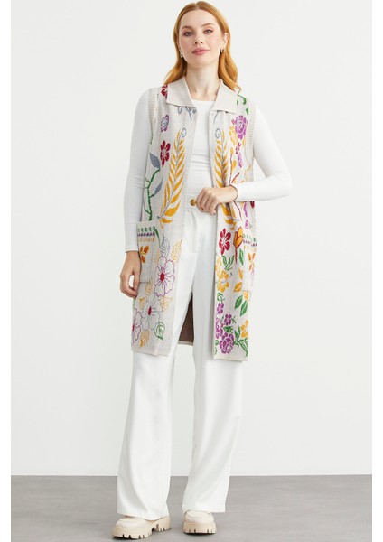 Renkli Çiçek Motifli Yünlü Uzun Triko Yelek - Bej fırsatları