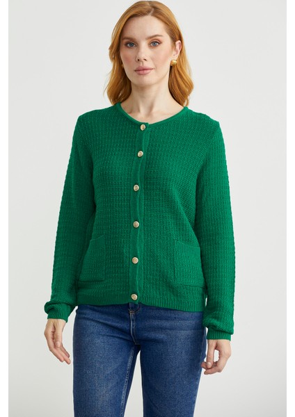 Dore Düğme Detaylı Yünlü Triko Hıırka - Yeşil
