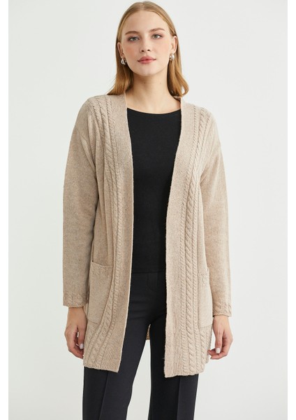 Büyük Beden Cepli Uzun Triko Hırka - Vizon