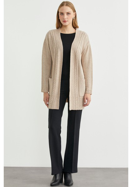 Büyük Beden Cepli Uzun Triko Hırka - Vizon fiyatları