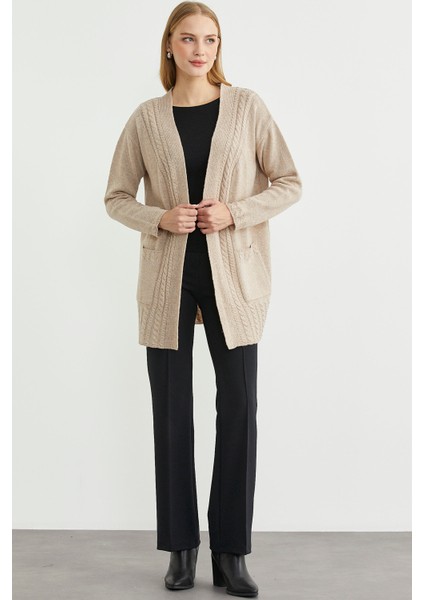 Büyük Beden Cepli Uzun Triko Hırka - Vizon modelleri