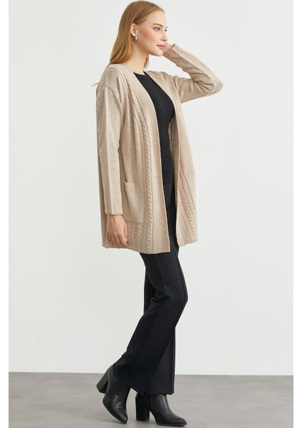 Büyük Beden Cepli Uzun Triko Hırka - Vizon indirimleri