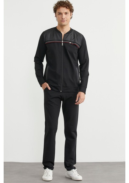 Dik Yaka Fermuarlı Eşofman Takım - Siyah