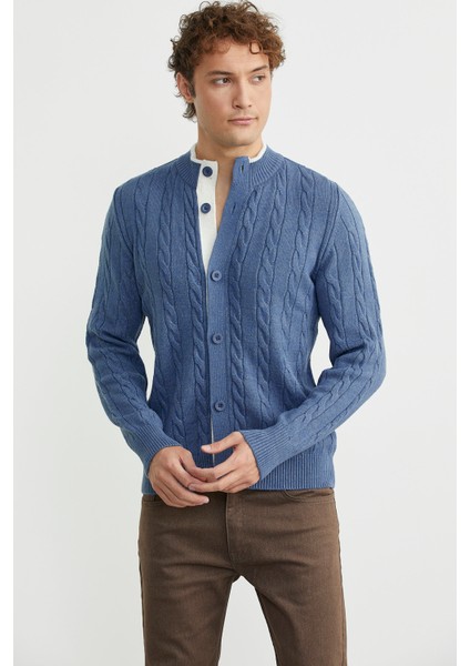 Düğmeli Saç Örgü Triko Hırka - Indigo fiyatları