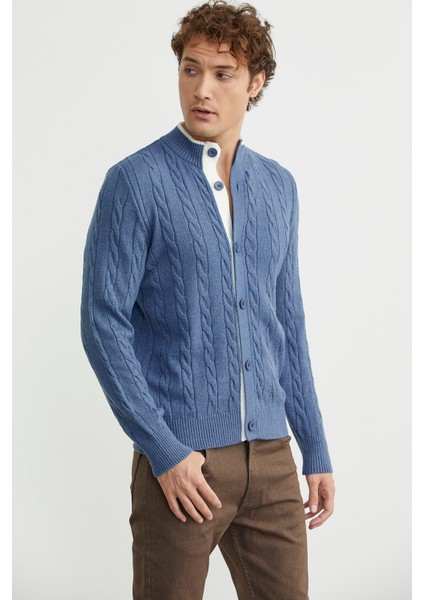 Düğmeli Saç Örgü Triko Hırka - Indigo fırsatları