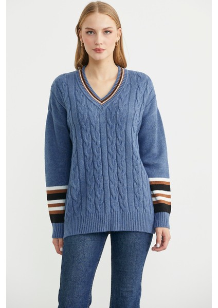 V Yaka Saç Örgülü Triko Kazak - Indigo fiyatları