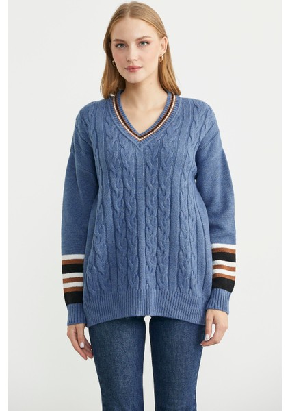 V Yaka Saç Örgülü Triko Kazak - Indigo fırsatları