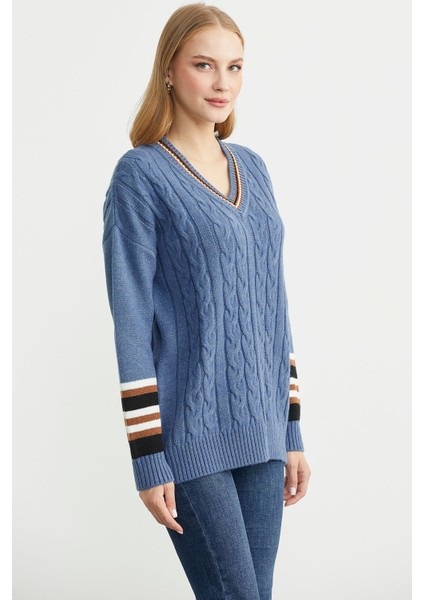 V Yaka Saç Örgülü Triko Kazak - Indigo indirimleri