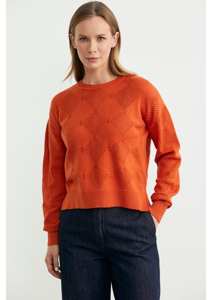 Renge Renk Motifli Triko Kazak - Oranj