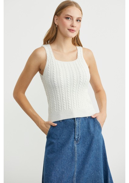 Saç Örgü Kare Yaka Triko Atlet - Kemik