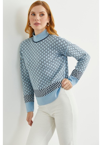 Yarım Balıkçı Renk Motifli Triko Kazak - Mavi