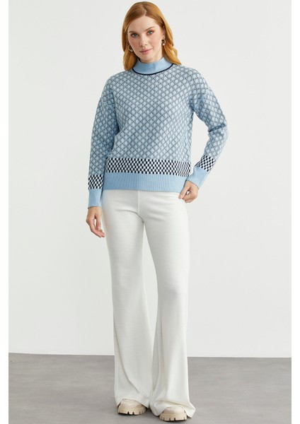 Yarım Balıkçı Renk Motifli Triko Kazak - Mavi fiyatları