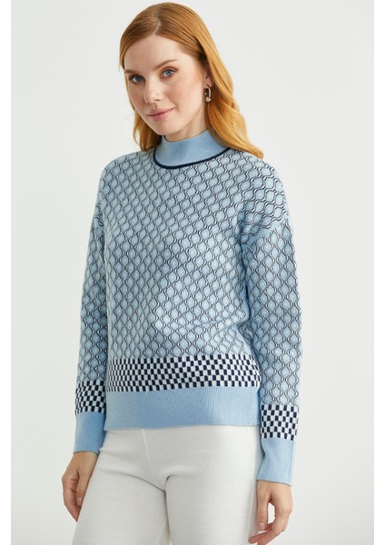 Yarım Balıkçı Renk Motifli Triko Kazak - Mavi indirimleri