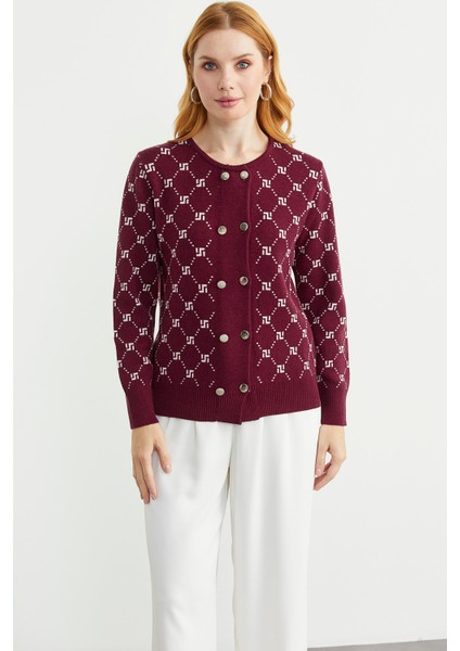 Logolu Düğme Detaylı Triko Hırka - Bordo