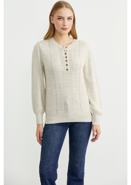 Yarım Düğmeli Yuvarlak Yaka Triko Kazak - Taş