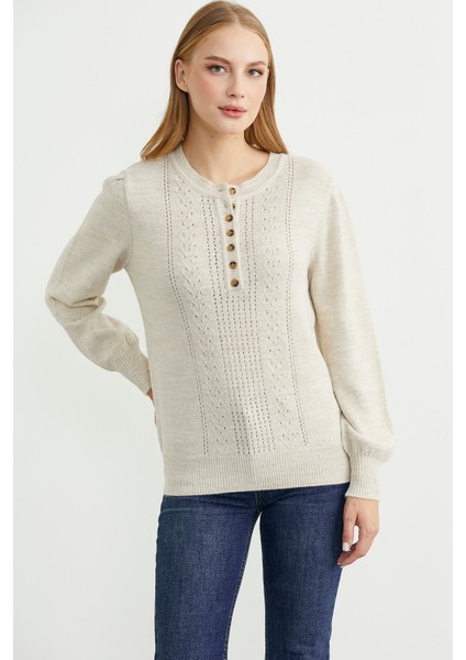 Yarım Düğmeli Yuvarlak Yaka Triko Kazak - Taş fiyatları