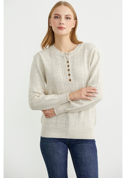 Yarım Düğmeli Yuvarlak Yaka Triko Kazak - Taş modelleri