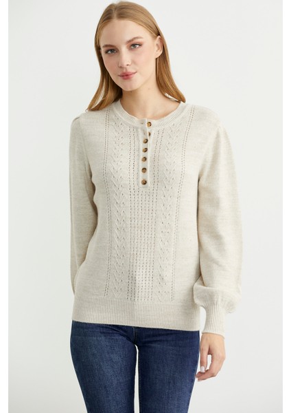 Yarım Düğmeli Yuvarlak Yaka Triko Kazak - Taş fırsatları