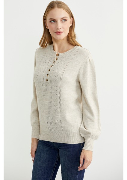 Yarım Düğmeli Yuvarlak Yaka Triko Kazak - Taş indirimleri