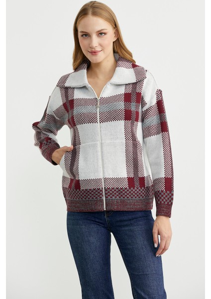 Ekose Blok Geçişli Yünlü Triko Hırka - Bordo