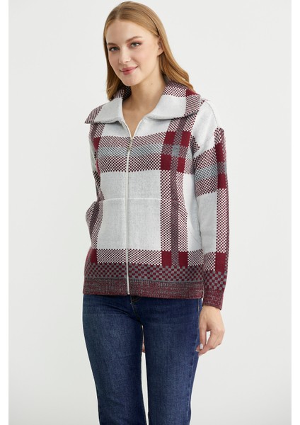 Ekose Blok Geçişli Yünlü Triko Hırka - Bordo fiyatları