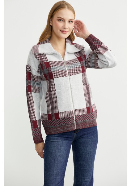 Ekose Blok Geçişli Yünlü Triko Hırka - Bordo modelleri