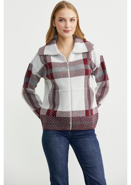 Ekose Blok Geçişli Yünlü Triko Hırka - Bordo fırsatları