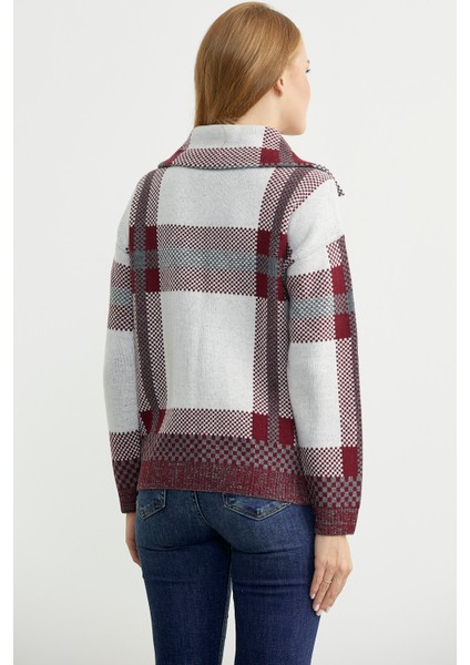 Ekose Blok Geçişli Yünlü Triko Hırka - Bordo indirimleri