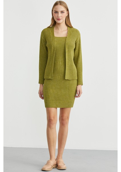 Ikili Elbise Hırka Triko Takım - Yeşil