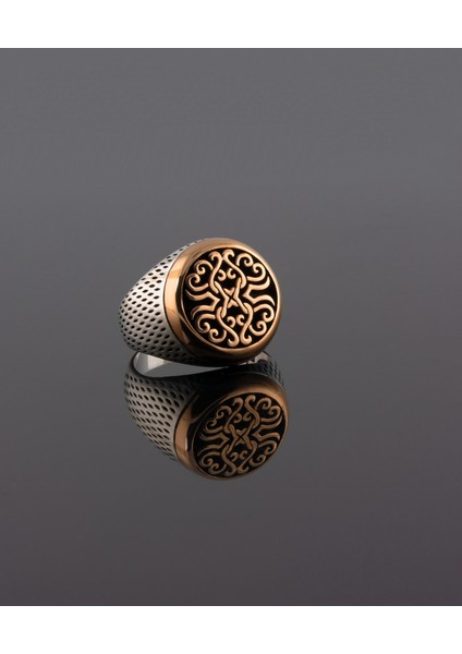 Taşsız Özel Tasarım Altın Görünümlü Bakır Işlemeli, Gümüş Erkek Yüzük, 9.63 gr