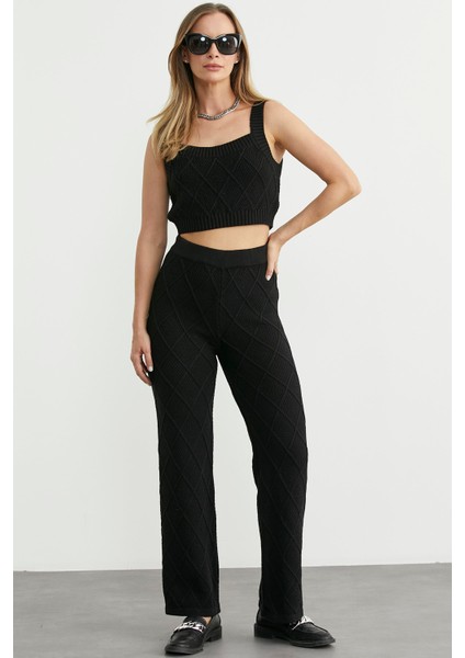 Pamuk Crop Pantolon Triko Takım - Siyah