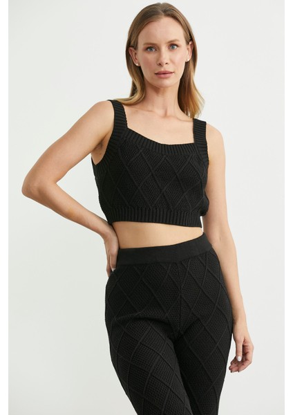 Pamuk Crop Pantolon Triko Takım - Siyah modelleri